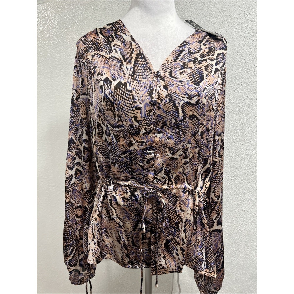 Velvet Heart Womens Size L Button Up Peplum Blouse Drawstring Snakeskin/Purple